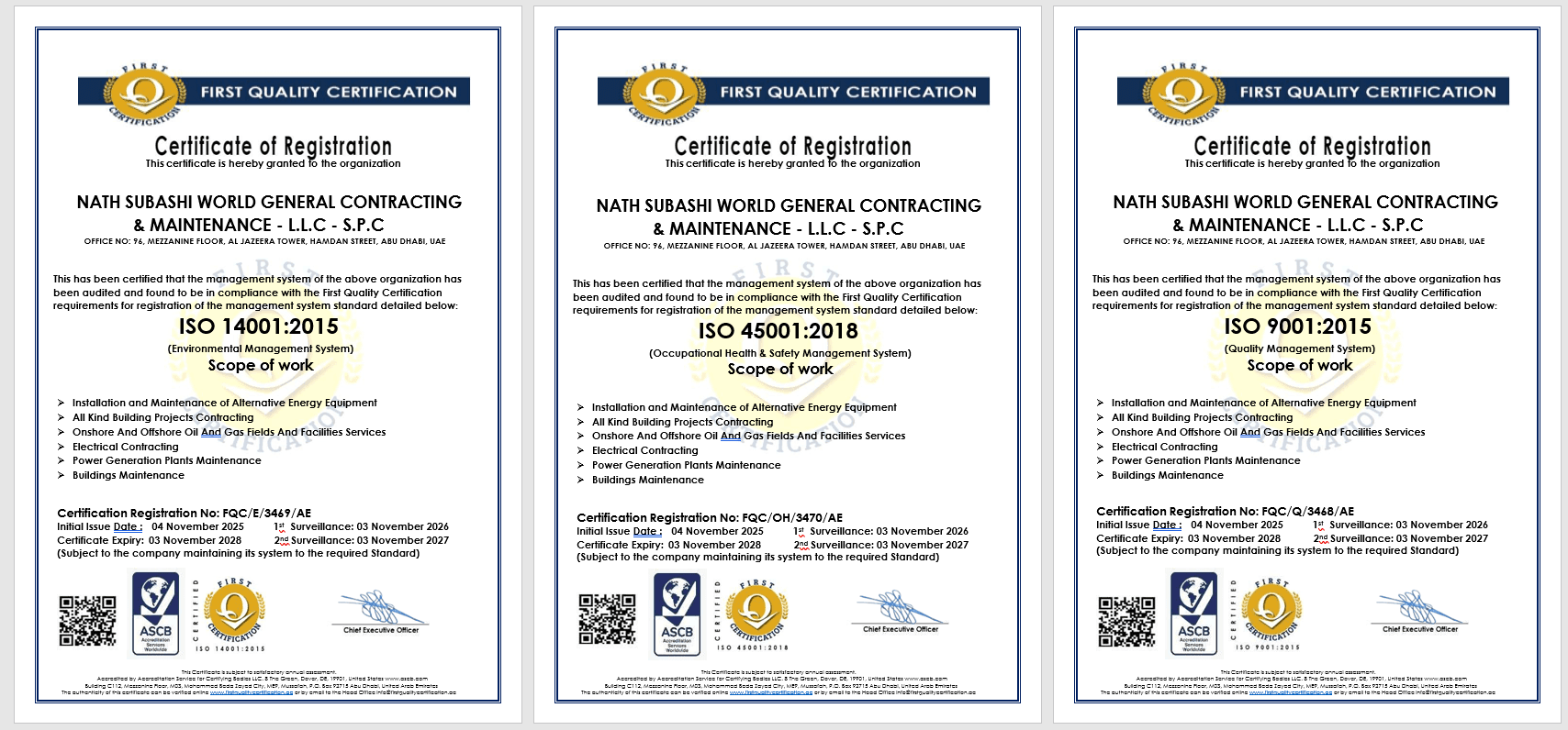 ISO 14001:2015, ISO 45001:2018, and ISO 9001:2015 Certificates — Nath Subashi World General Contracting & Maintenance